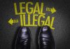 Black shoes facing legal illegal arrows on pavement