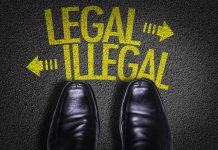 Black shoes facing legal illegal arrows on pavement