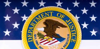 Department of Justice seal on American flag background