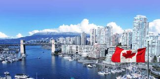 City skyline with Canadian flag and boats visible