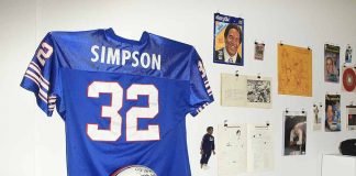 Blue jersey and helmet displayed with wall memorabilia