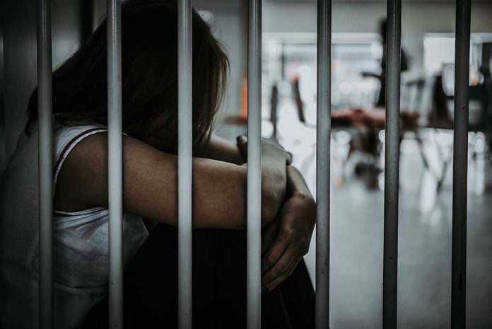 Person sitting behind bars with arms wrapped around knees