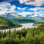 River winding through forest with mountains in background