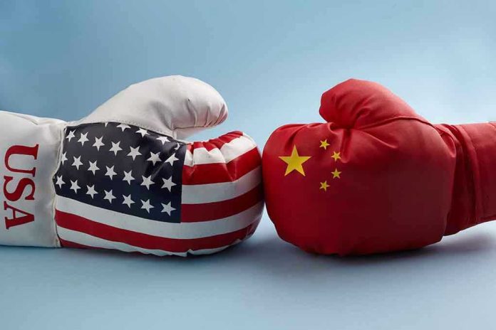 USA and China boxing gloves facing each other