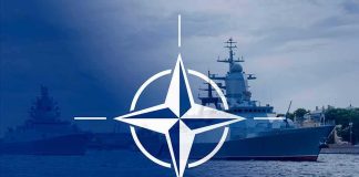 NATO emblem overlaying naval ships in the ocean