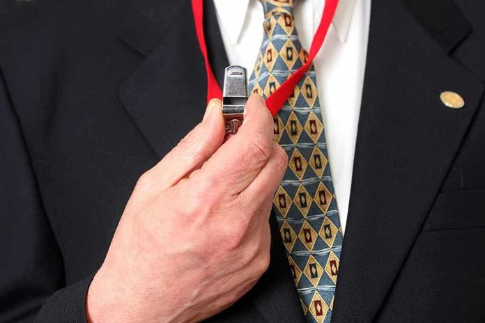 Person holding a whistle on a red lanyard