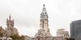 Philadelphia City Hall with a cloudy sky in the background