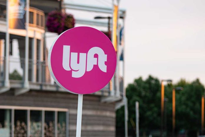 Lyft ride-sharing sign in a city environment