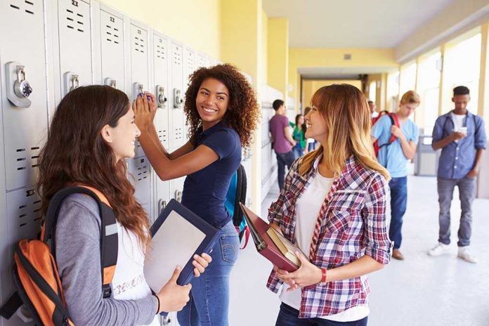 Three high school students interacting near lockers in a hallway
