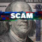 Scam text overlaid on distorted 100 dollar bill