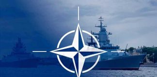 NATO emblem overlaying naval ships in the ocean.
