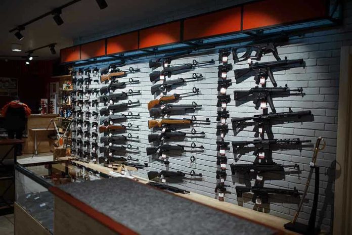 Wall-mounted guns displayed in a store.