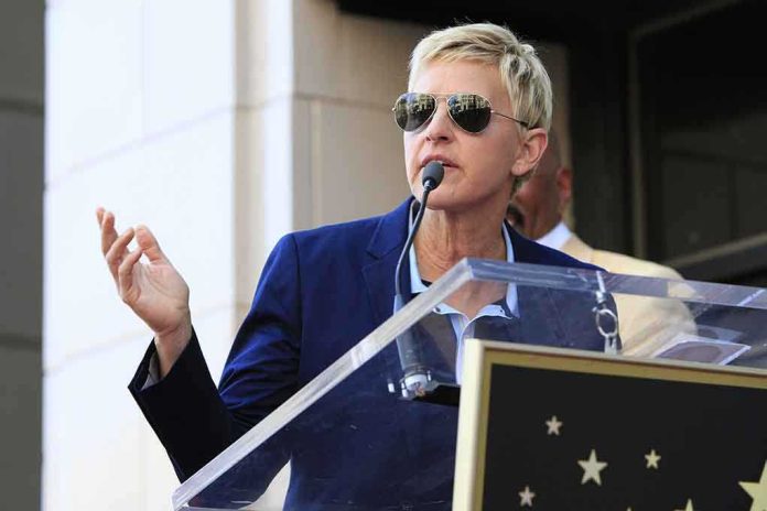 A woman in sunglasses speaking at a podium during an outdoor event