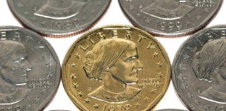 A collection of coins featuring a gold coin surrounded by silver coins