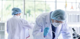 Scientists working in a laboratory with test tubes