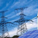 Energy Giants Merge — Will It Mean Bigger Bills? Solar panels and a wind turbine with power lines against a blue sky