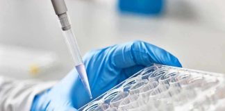 Taxpayer-Funded Biolabs Exposed — 120+ Worldwide Gloved hand pipetting liquid into a tray.