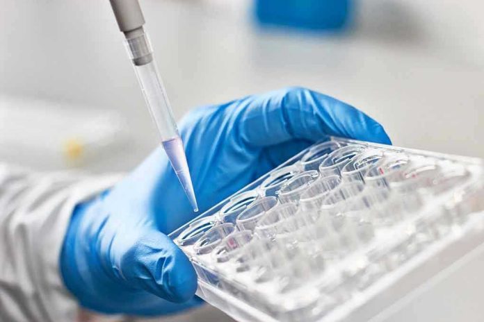 612999197 Gloved hand pipetting liquid into a tray.