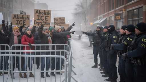 Protesters holding signs against ICE in a snowy environment