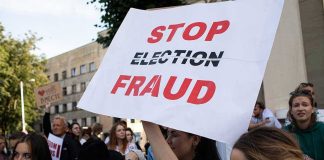 Trump Purges Election Watchdog People holding Stop Election Fraud protest signs.