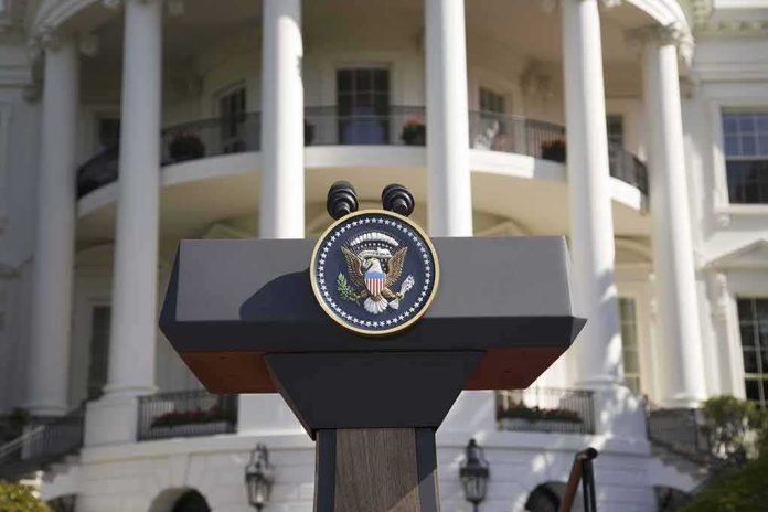 Presidential podium with seal in front of white-columned building