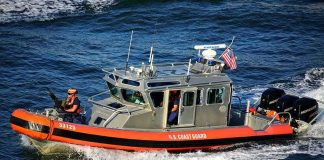 Caribbean Mystery: Towel Found, Mom Missing U.S. Coast Guard patrol boat speeding on open water