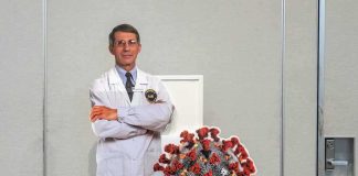 Emails Clash With Fauci Denials Cardboard cutout of doctor with COVID-19 virus info display