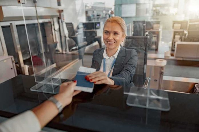 shutterstock_2186094269 airport check-in agent handing back a passport