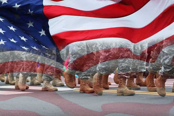 American flag overlay on marching soldiers' boots in formation