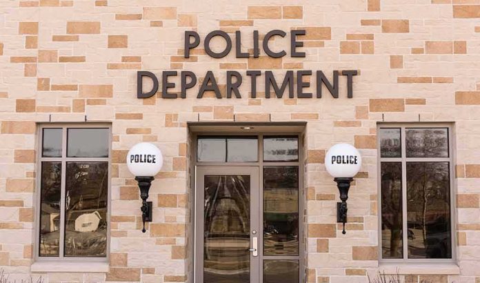 Police department building entrance with signage
