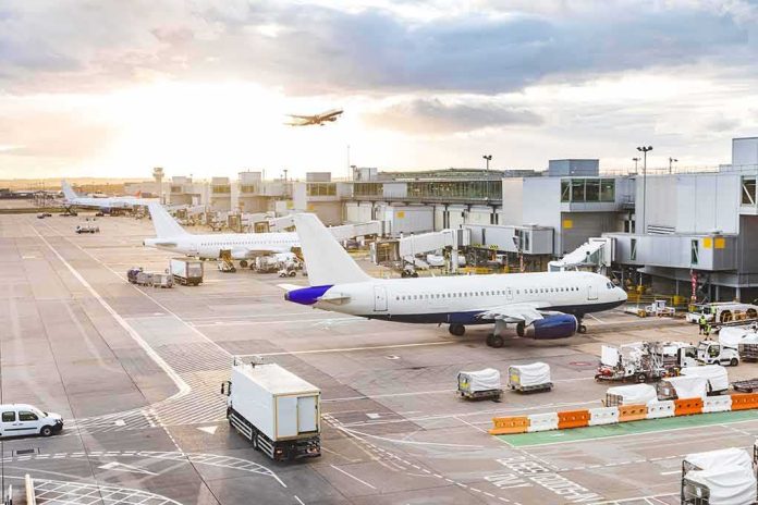 shutterstock_1028090509 Airplanes at airport gates during sunset with ground vehicles and jet bridges