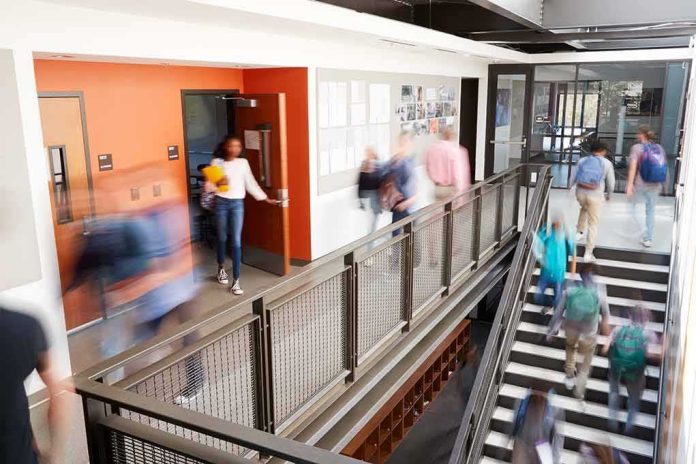 shutterstock_1112561213 Students walking through a modern school hallway and stairwell