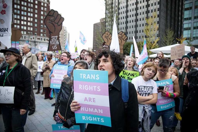 Protesters holding signs at a transgender rights rally