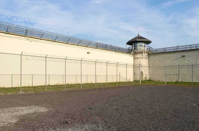 Prison yard with chain-link fence and guard tower