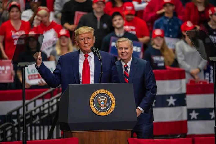 two men at a podium during a large indoor rally