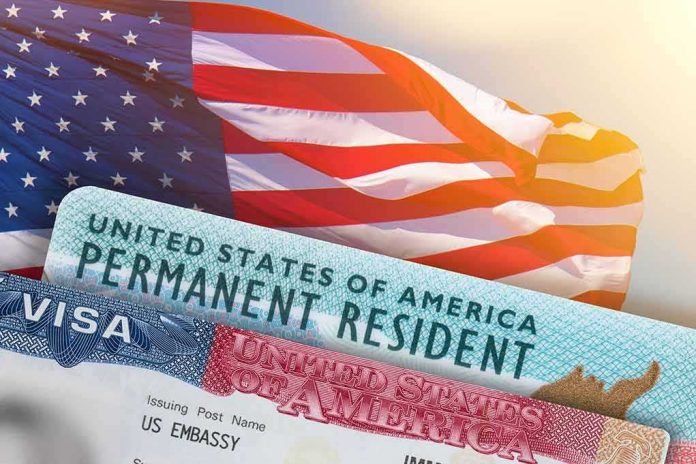shutterstock_1834985749 U.S. flag with visa and permanent resident cards