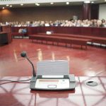 Conference microphone on a podium in a courtroom