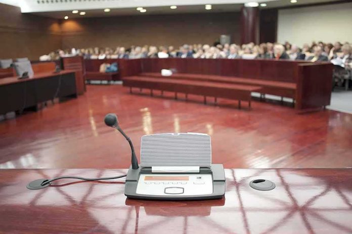 shutterstock_184839521-1 Conference microphone on a podium in a courtroom