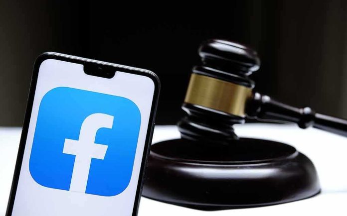 shutterstock_1875346711 Smartphone with Facebook app logo beside a judge’s gavel