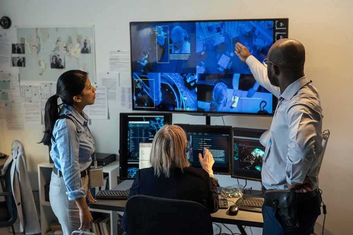 Security team monitors multiple surveillance screens in control room