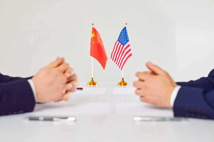 shutterstock_2169636285 Two diplomats sit across table with China and United States flags between them