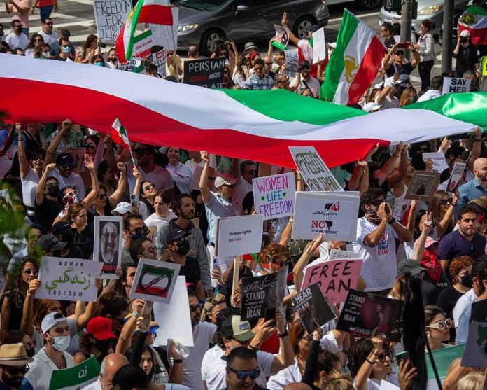 shutterstock_2208976937 Crowd of protesters holding signs and a large tricolor flag