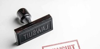 Crime Claims Clash Sparks $5B Showdown Rubber stamp with red lawsuit imprint on white paper