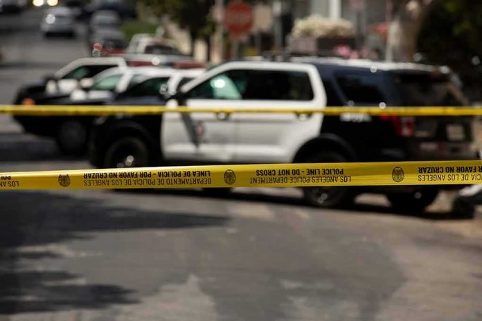 Police tape cordoning off street with patrol SUVs behind
