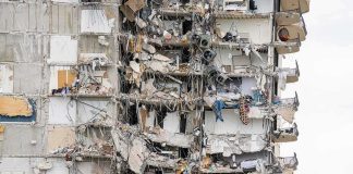 partially collapsed apartment building facade