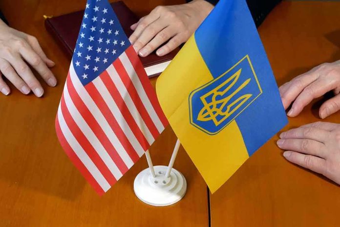 U.S. and Ukrainian flags on a table