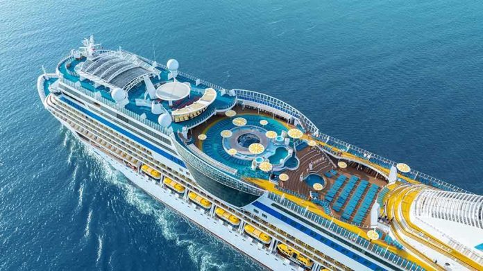 Cruise ship upper decks with pools and lounge areas at sea