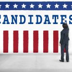 Trump Endorsement Flips NY Race Man in suit writing on wall with word candidates and patriotic design