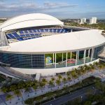 Baseball stadium with retractable roof partially open