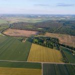 Aerial view of patchwork farmland and forest